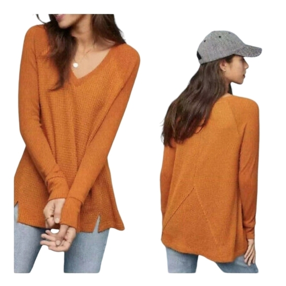Maeve Anthropologie Top Medium Pearson Pumpkin‎ Orange Waffle Thermal Pullover - Picture 1 of 11